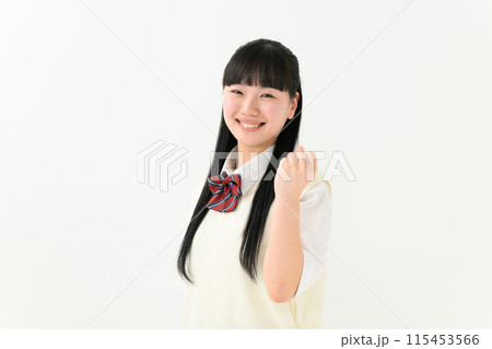 女子高生　ポートレート　ガッツポーズ 115453566