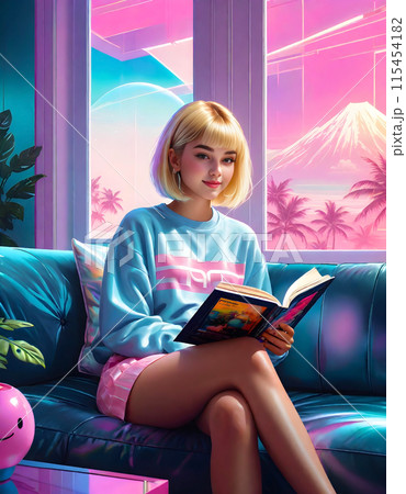 ネオンカラーのリビングで画集を見る若い女性のファッショナブルなイラストレーション 115454182