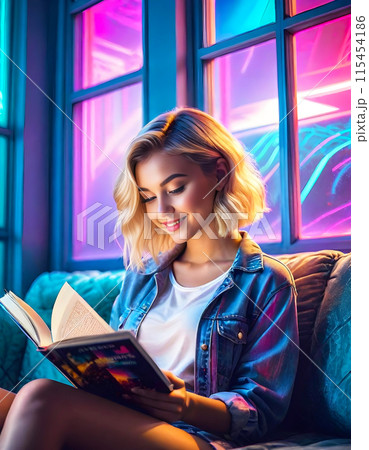 ネオンカラーのリビングで画集を見る若い女性のファッショナブルなイラストレーション 115454186