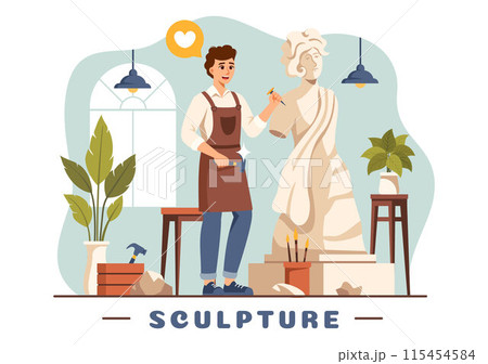 Stone Sculpture Vector Illustration featuring a Craftsman Carving a Rock Using Sculpting Tools in Flat Style Cartoon Background Design Stone Sculpture Vector Illustration featuring a Craftsman Carving a Rock Using Sculpting Tools in Flat Style Cartoon Background Design 115454584