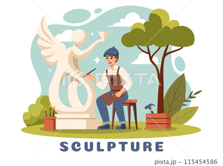 Stone Sculpture Vector Illustration featuring a Craftsman Carving a Rock Using Sculpting Tools in Flat Style Cartoon Background Design Stone Sculpture Vector Illustration featuring a Craftsman Carving a Rock Using Sculpting Tools in Flat Style Cartoon Background Design 115454586