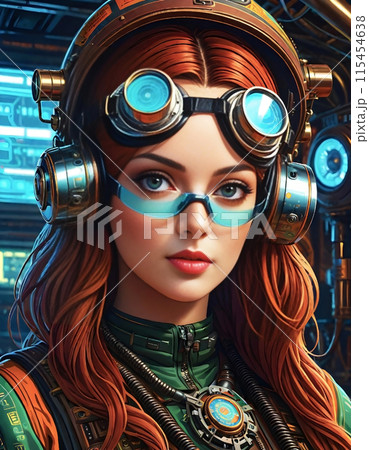 ヒューマノイドの美しい女性、レトロフューチャーが魅力的なポートレートのリアルイラストレーション 115454638