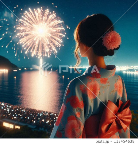 花火を見つめる浴衣の女性の後ろ姿 115454639