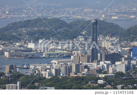 火の山公園から見る下関港、海峡ゆめタワー、彦島、関門海峡、北九州市小倉付近 火の山公園から見る下関港、海峡ゆめタワー、彦島、関門海峡、北九州市小倉付近 115455108
