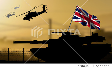The silhouette of a tank in a war zone with the UK flag, helicopters flying in the background 115455367