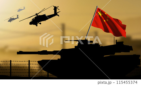The silhouette of a tank in a war zone with the China flag, helicopters flying in the background 115455374