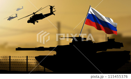 The silhouette of a tank in a war zone with the Russia flag, helicopters flying in the background 115455376