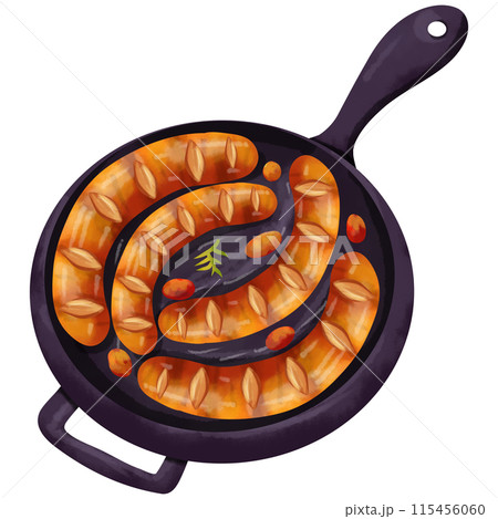 Watercolor painting of sausages in a pan for use as a decorative illustration. 115456060