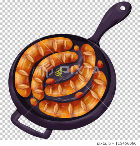 Watercolor painting of sausages in a pan for use as a decorative illustration. 115456060