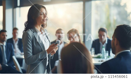 Empowering Leadership: Female Business Executive Inspires at Conference Presentation. Generative ai 115456061
