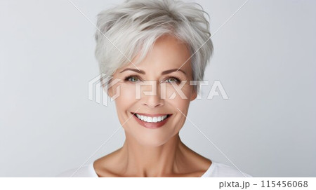 Ageless Beauty: Smiling Mature Woman's Radiant Portrait Isolated on White. Generative ai 115456068