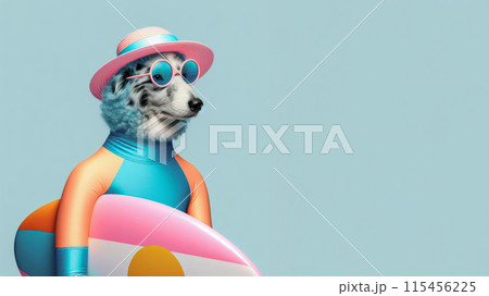 Funny dog wearing summer fashion on pastel background. Summer Vacation Concept. Funny dog wearing summer fashion on pastel background. Summer Vacation Concept. 115456225