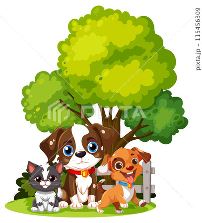 Pets Playing Under a Tree 115456309