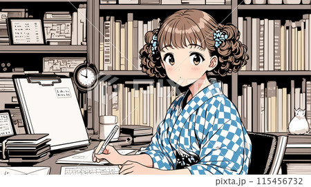 浴衣を着て自宅で執筆中の若い女性