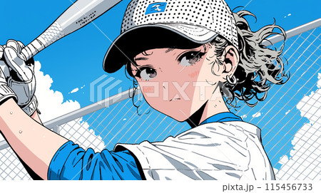 野球をしている若い女性：バットを持ってまさにボールを打とうとしている
