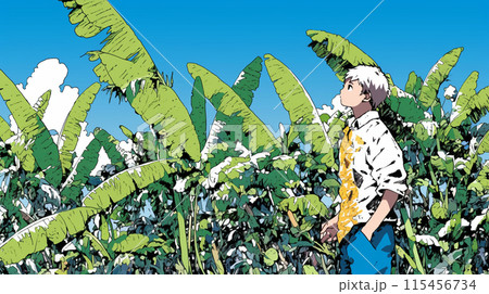 晴れた夏の日、若い男性が沖縄の山を散策中