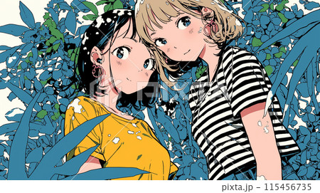 晴れた夏の日、若い女性友達で山原の森を散策中