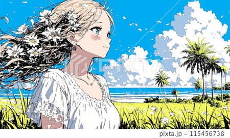 晴れた夏の日、若い女性が沖縄の海沿いの公園を散策中