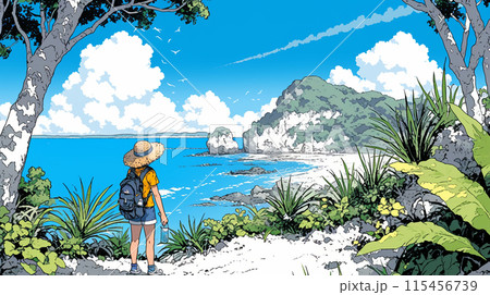 晴れた夏の日、若い女性が沖縄の海沿いの公園を散策中