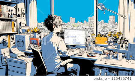 自宅でリモートワーク中の若い男性