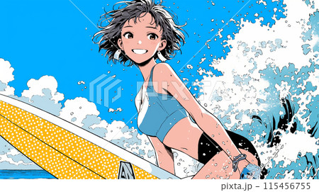 ライフセーバーもしくは南国の海で晴れた日にサーフィンをしている若い女性