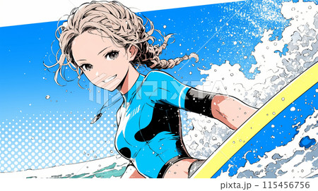 ライフセーバーもしくは南国の海で晴れた日にサーフィンをしている若い女性