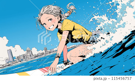 ライフセーバーもしくは南国の海で晴れた日にサーフィンをしている若い女性