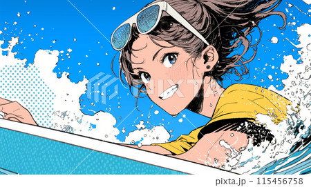 ライフセーバーもしくは南国の海で晴れた日にサーフィンをしている若い女性
