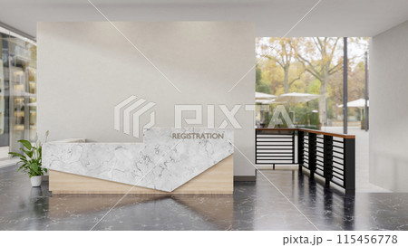 A modern reception desk features a modern marble counter, a black marble floor, and a white wall. 115456778