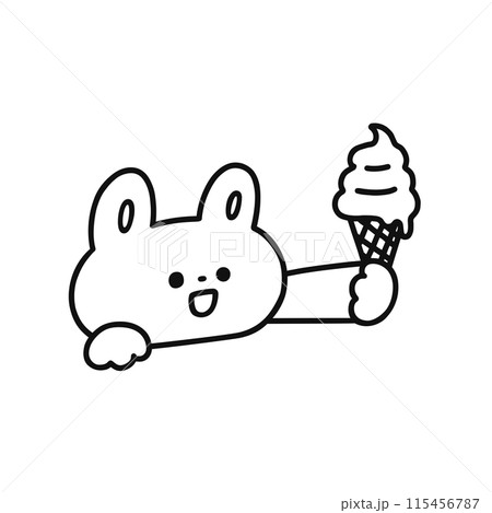 ソフトクリームを持ったかわいいウサギ・線画 115456787