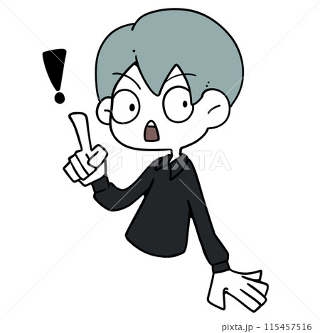 人差し指を立ててびっくりした顔をしている男性(びっくりマーク付き) 115457516