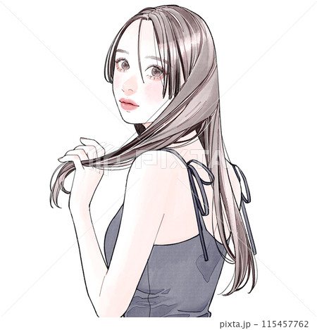 髪の毛を触りながら振り返る女性 115457762