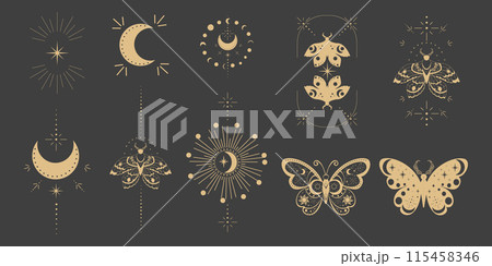 Magic sacred decoration cover, esoteric frame tattoo gold line border celelstial mystery esoteric decoration with moth or butterfly, sun, stars and moon on dark background. 115458346