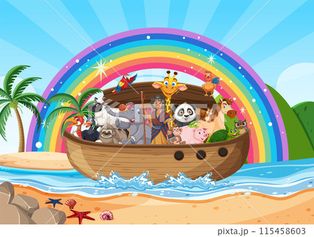 Animals on a Boat with Rainbow 115458603