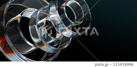 3d crystal glass transparent rings with holographic gradient on black background render design. Abstract clear circle geometric torus shapes with chromatic caustic reflection effect. 3D illustration 115458986