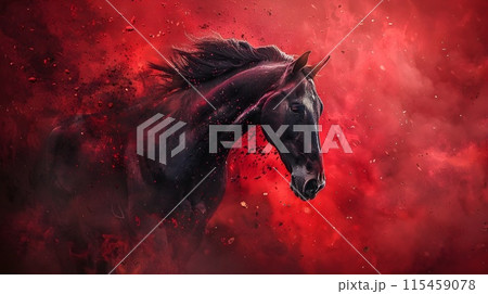 Powerful Black Stallion Charging Through Fiery Storm Landscape 115459078