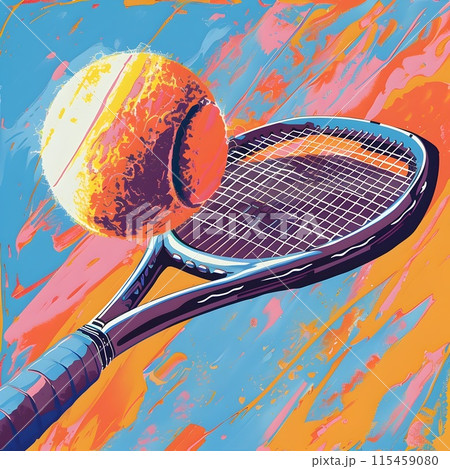 Vibrant Tennis Racket and Ball on Colorful Background 115459080