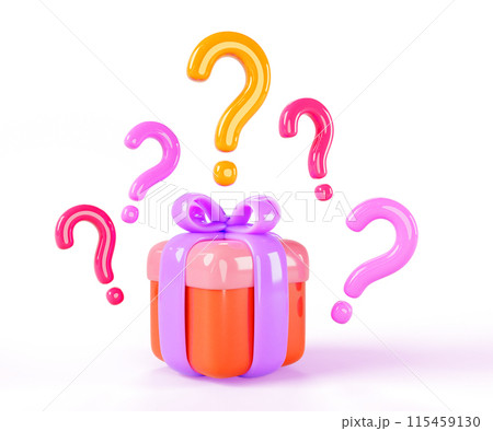 Mystery gift box with question marks on white background 3d render. Present closed package with ribbon, bow, bonus or prize. Game, draw or surprise for birthday, Christmas, holidays. 3D illustration 115459130