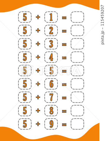 education addition math worksheet number children book preschool school cartoon. game illustration vector page puzzle activity logic kindergarten kids counting. educational child calculation play. 115459207
