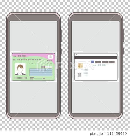 スマートフォンを縦にしてマイナンバーカードの裏表を撮影するイラストセット 115459459