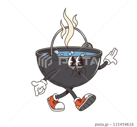 Cartoon cauldron retro groovy travel character, camp and tourism personage. Isolated vector playful anthropomorphic pot in sneakers and gloves, walking joyfully with happy face and emanating steam 115459618