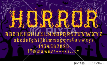 Halloween font, horror type. Vector spooky, flame-inspired typeface, uppercase and lowercase letters, numbers and symbols at dark purple background with cobwebs, night cemetery and bats silhouettes Halloween font, horror type. Vector spooky, flame-inspired typeface, uppercase and lowercase letters, numbers and symbols at dark purple background with cobwebs, night cemetery and bats silhouettes 115459622