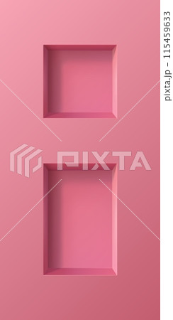 Pink wall 3d niches. Empty box shelves, open display stand or showcase vector mockup for show room, studio or shop product presentation. Realistic square and rectangular niches in pink wall 115459633