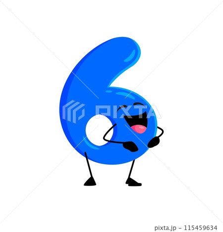 Cartoon math number six character. Isolated vector cute and funny laughing arithmetic, mathematics educational digit 6 personage with a cheerful adorable face, rounded shape, and vibrant blue color 115459634