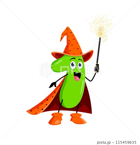 Cartoon math number one Halloween wizard, witch and mage character. Isolated vector numeric 1 whimsical personage wielding a wand, combines playful charm with educational magic with a mischievous grin 115459635