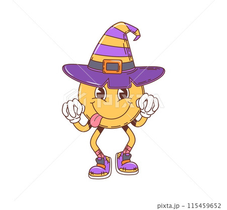 Cartoon retro groovy Halloween smile emoji in witch hat for horror night holiday, vector character. Groovy funky and funny comic smile with happy face and silly tongue for Halloween trick or treat 115459652