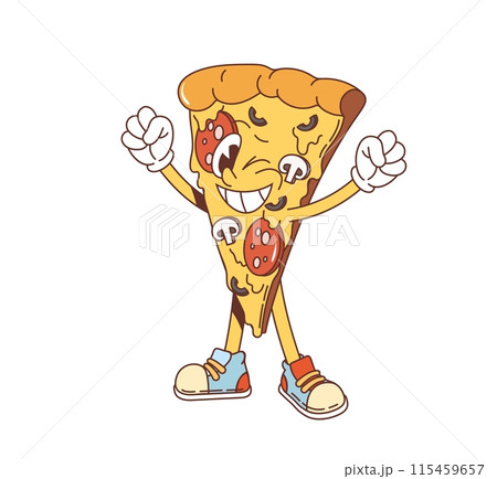 Retro groovy pizza slice character. Isolated cartoon vector fun fast food pizzeria personage with a smile, mushrooms, pepperoni and cheese, wears colorful sneakers, embodying a joyful energetic vibes 115459657