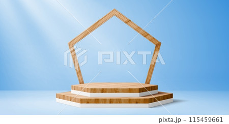 Wooden product podium stage with arch. Modern platform with geometric arc at blue background with light rays. Realistic 3d vector two-tiered wood scene for showcasing natural cosmetics presentations 115459661