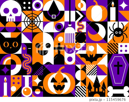 Halloween modern abstract bauhaus geometric pattern, features bold shapes, vibrant colors, and clean lines, merging spooky elements such as skull, pumpkin, ghost and castle, bat, coffin or spider web Halloween modern abstract bauhaus geometric pattern, features bold shapes, vibrant colors, and clean lines, merging spooky elements such as skull, pumpkin, ghost and castle, bat, coffin or spider web 115459676