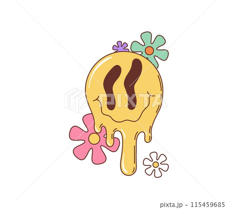 Retro groovy melting face character. Isolated cartoon vector hippie melt smile with daisy flowers. Yellow dripping emoji, psychedelic facial expression. Weird, trippy face, surreal acid lsd funky vibe 115459685
